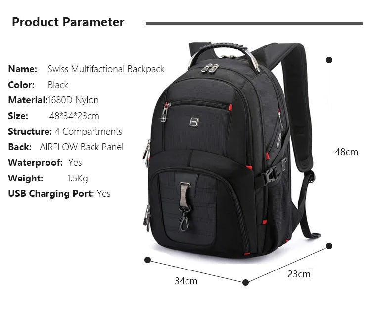 Swiss Multifunctional 17 Inch Laptop Backpack – Durable Travel Bag with USB Charging Port, Water-Resistant College Bookbag