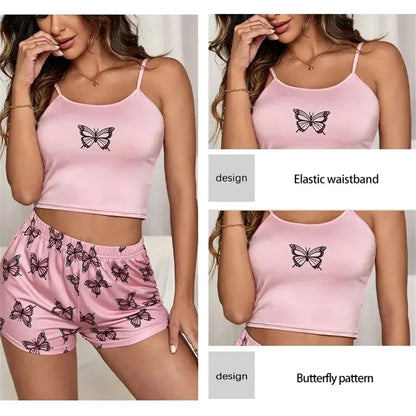 Women's 2-Piece Camouflage Pajama Set - Butterfly Print Tank Top and Casual Shorts