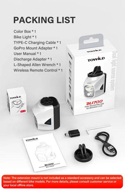 TOWILD DL1700 LED Bicycle Light – 1900LM Rechargeable Front Light with Focus & Flood Beam, Power Bank Function