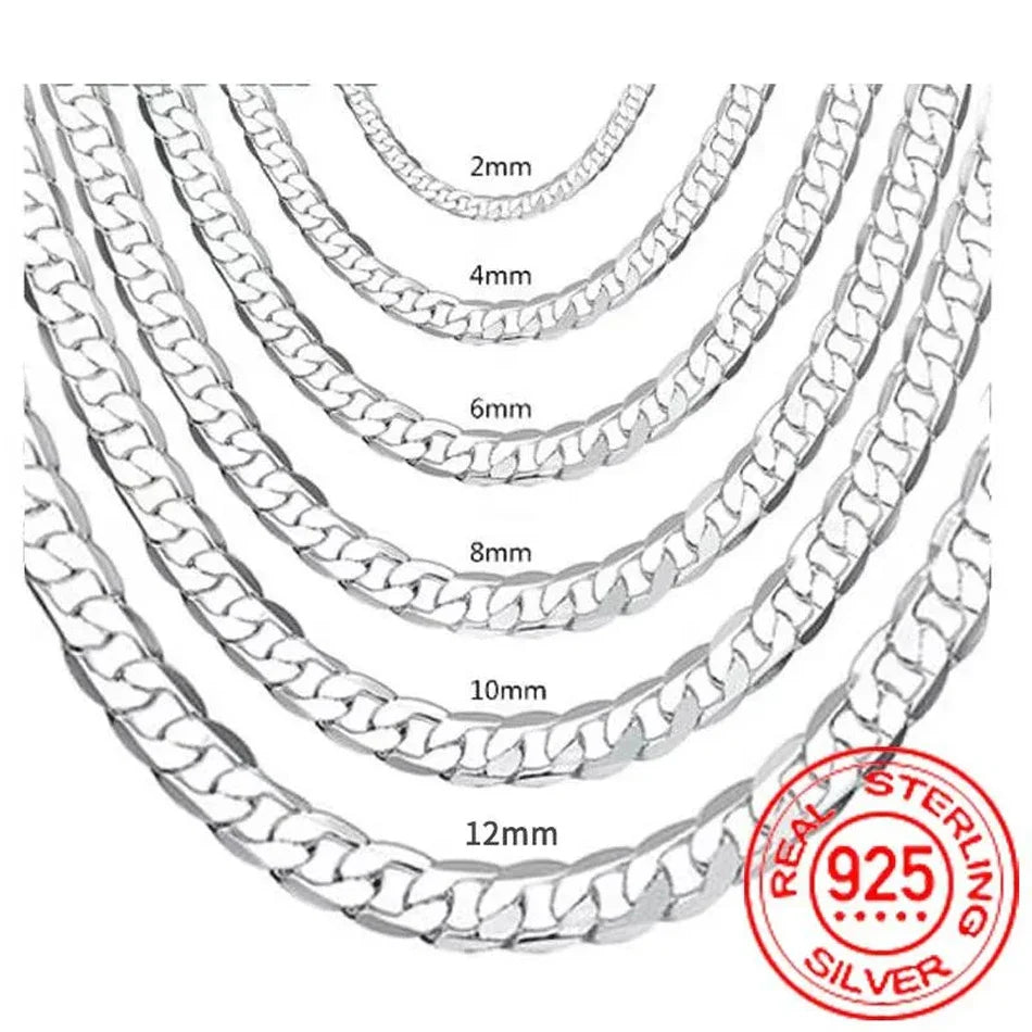 Men’s 925 Sterling Silver Face Chain Necklace — 2/4/6/8/10/12MM, 40–75cm with Lobster Clasp, Engagement Jewelry Gift for Men & Women