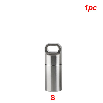 Stainless Steel Mini Pill Storage Box — S/M/L Waterproof Medicine Case with Keychain Seal Rings, Portable First Aid & Camping Pendant