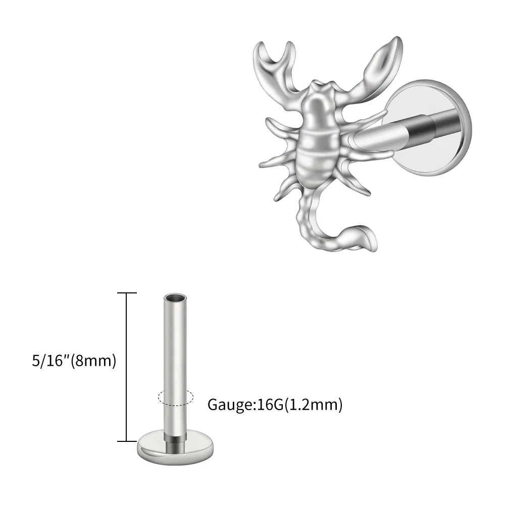 Right Grand ASTM F136 Titanium 16G Scorpion Labret Stud Earring – Flatback Zodiac Design for Tragus, Helix & Cartilage Piercing Body Jewelry