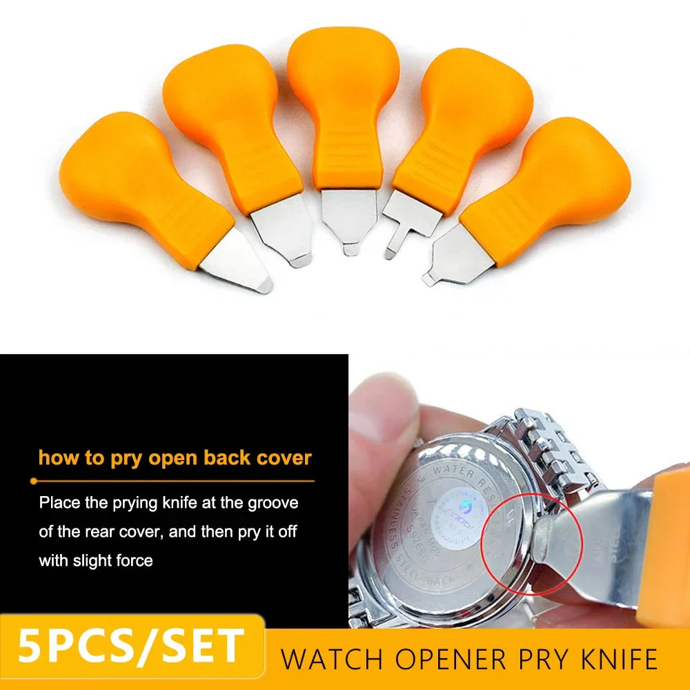 5PCS Watch Repair Tool Kit — Pry Knife, Case Opener, Back Cover Remover, Wrench & Replacement Opening Tools