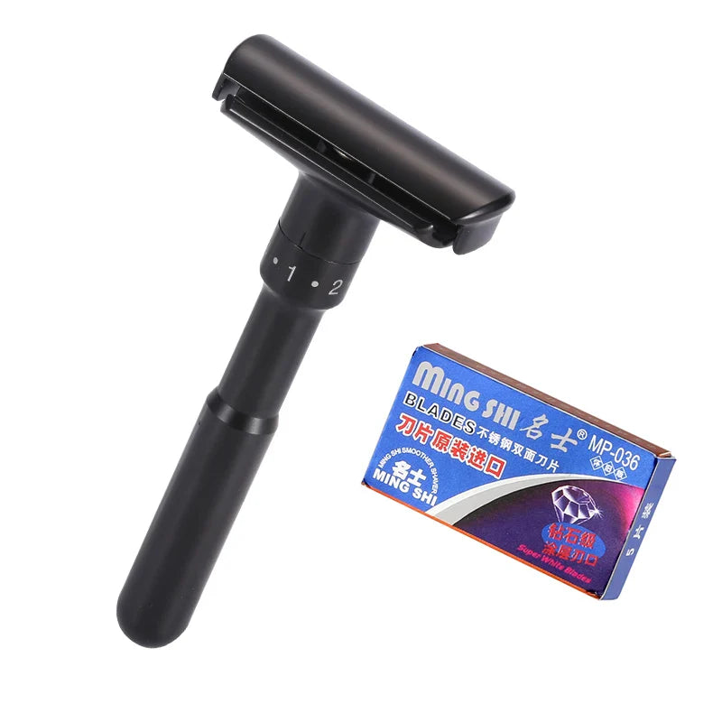 Mingshi Adjustable Safety Razor – Double Edge Classic Men’s Shaver with 1–6 Sharpness Settings and 5 Blades
