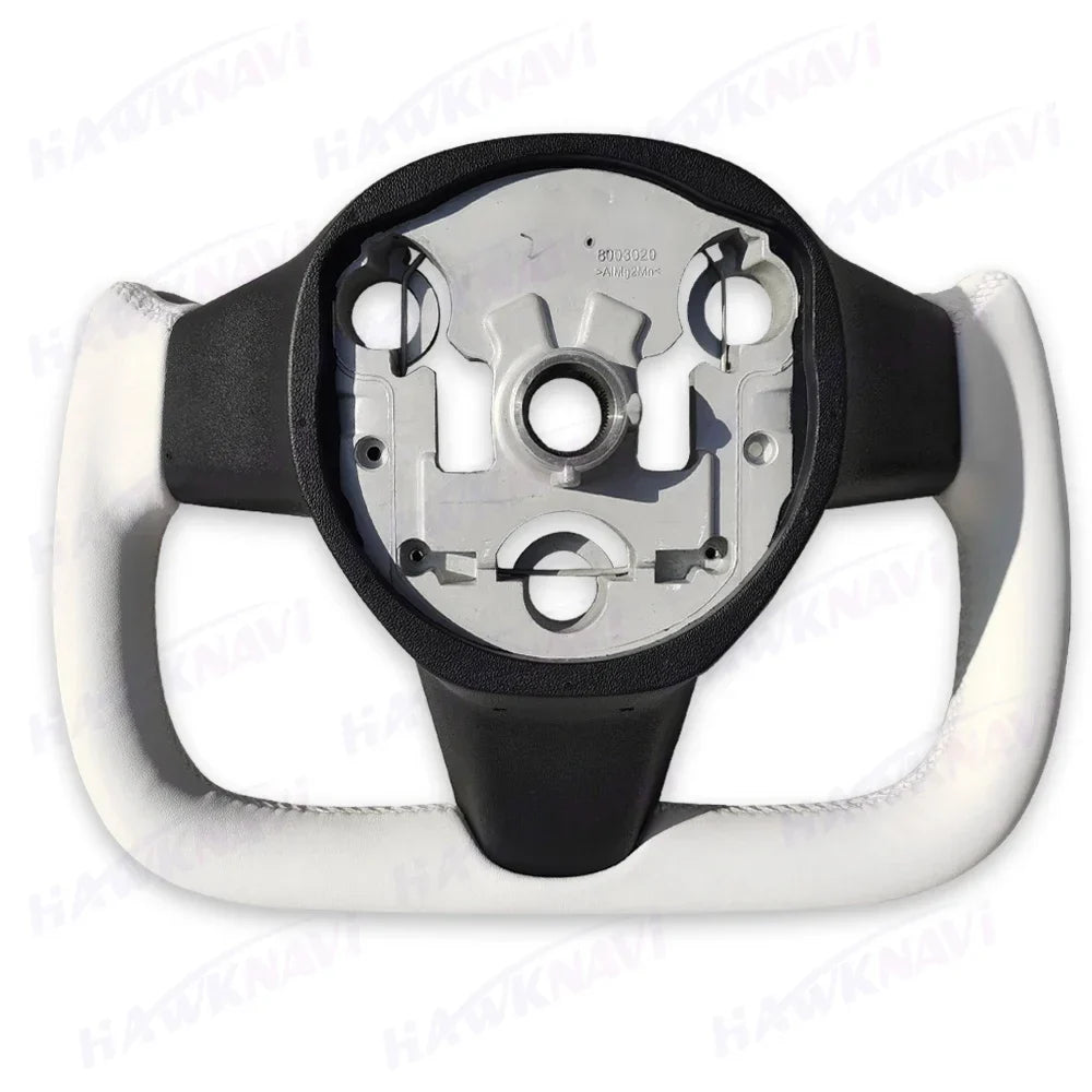 Hawknavi 350mm Yoke Steering Wheel – Leather Racing Style for Tesla Model 3 & Model Y, Heated Optional, White & Black