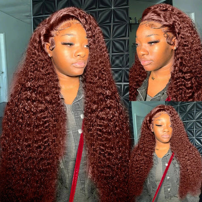 30–40 Inch Reddish Brown Human Hair Wig – 13x6/13x4/13x7 HD Lace Frontal, 250% Density Colored Deep Wave Curly Wig