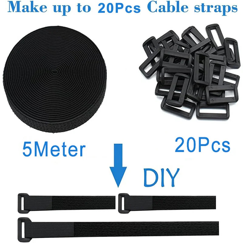 5M Hook & Loop Cable Straps with 20 Buckles – Adjustable Cut-to-Length Nylon Cinch Straps for Cable Organization