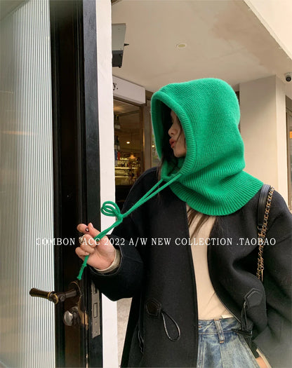 Knitted Hooded Balaclava Hats for Women – Korean Style Winter Outdoor Warmer, Drawstring Neck Collar Beanie Cap