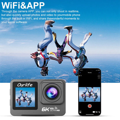 6K 4K60FPS Action Camera – 50MP Dual Screen, 2.0" Touch LCD, EIS, WiFi, 170° Lens, 30M Waterproof, 5X Zoom with Remote