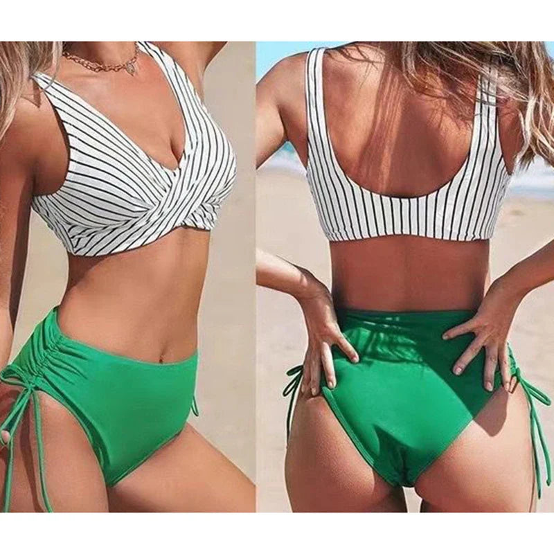 Vintage Printed Bikini Set – Women’s Cross Pleated Backless Lace-Up Push-Up Two-Piece Swimwear 2025 Beach Bathing Suit