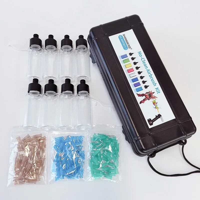 SHANGSE Airbrush Kit – 8pcs 50ml Paint Bottles & No-Clean Disposable Nozzles (0.2mm/0.3mm/0.5mm)