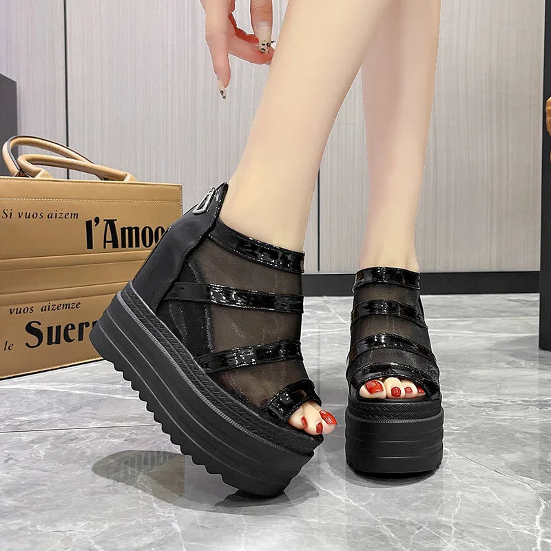 Women’s Platform Peep-Toe Mesh Sandals – Sexy Wedge Heels with Back Zipper