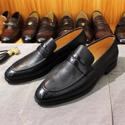 Men’s Genuine Leather Loafers - Comfortable Casual Shoes with Rubber Sole and Braided Pattern Size 39-46