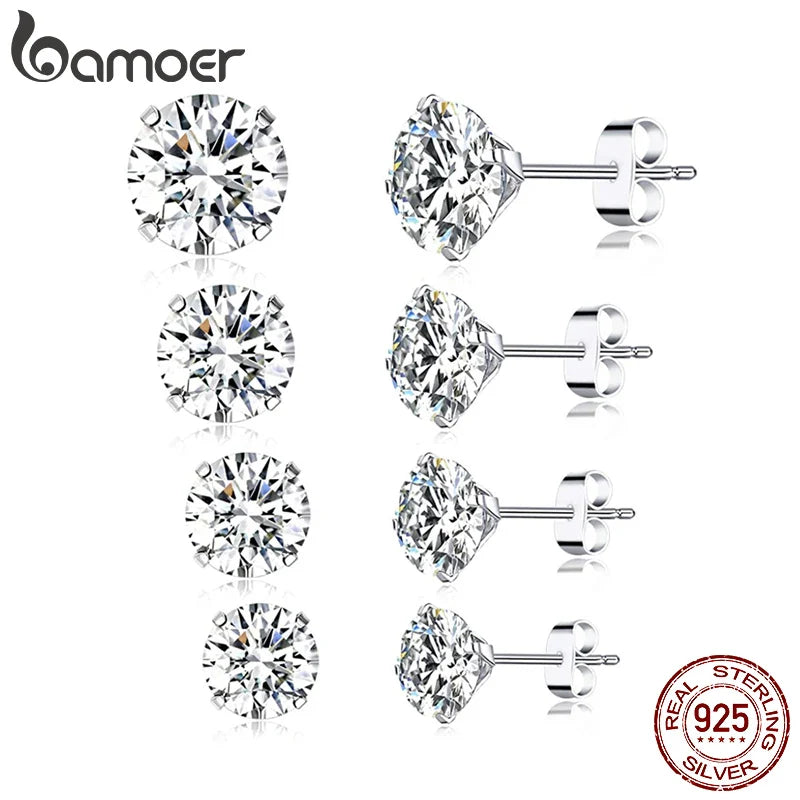 Bamoer 925 Sterling Silver CZ Stud Earrings – Platinum Plated Round Cubic Zirconia Barbell, Hypoallergenic, 4-7mm