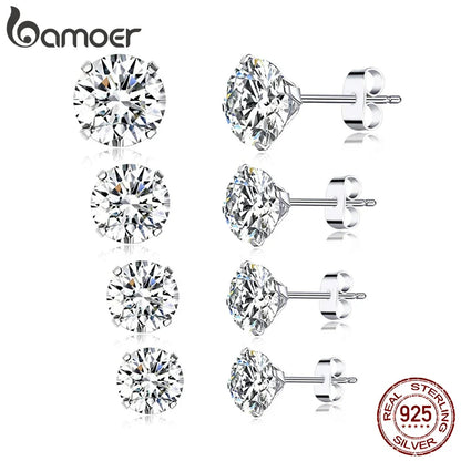 Bamoer 925 Sterling Silver CZ Stud Earrings – Platinum Plated Round Cubic Zirconia Barbell, Hypoallergenic, 4-7mm