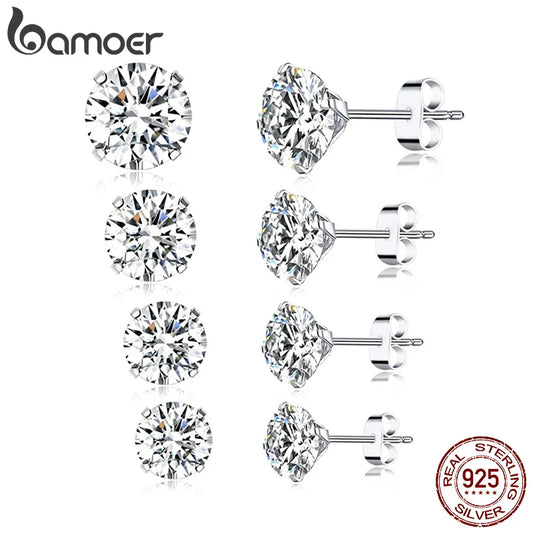 Bamoer 925 Sterling Silver CZ Stud Earrings – Platinum Plated Round Cubic Zirconia Barbell, Hypoallergenic, 4-7mm