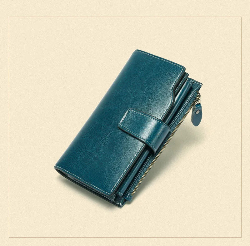 2024 New RFID Long Women’s Wallet — Genuine Leather Clutch with Zipper Coin Pocket, Card Holder & Printed Design