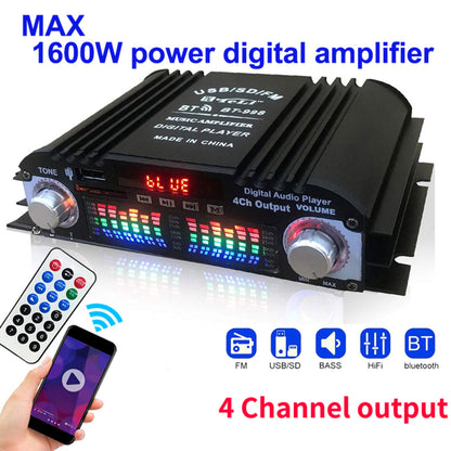 1600W Peak Power HiFi 4-Channel Digital Audio Amplifier – Bluetooth Karaoke Player with FM Radio & Remote Control