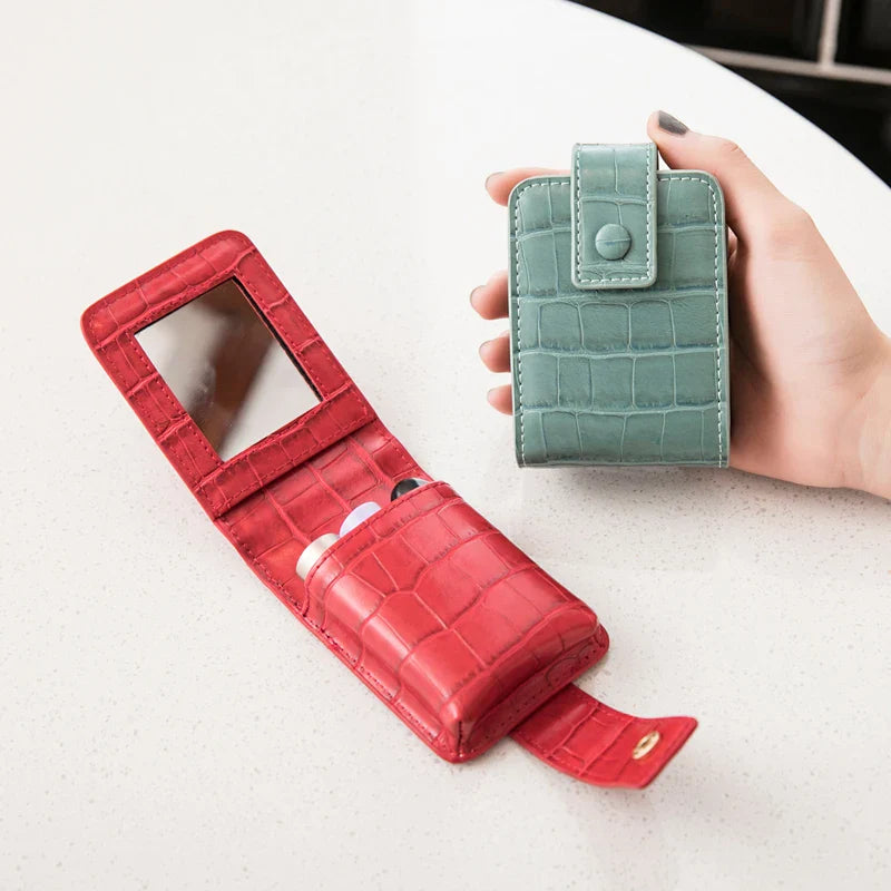 Mini Portable Lipstick Bag with Mirror - Small Cosmetic Bag with Button, Crocodile Embossed Women's Makeup Storage Case