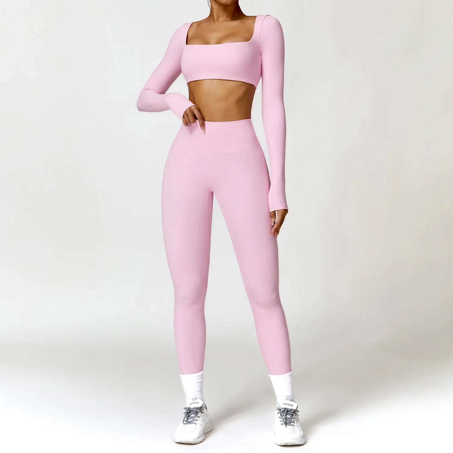 Hearuisavy 2PCS Long Sleeve Gym Set for Women, Quick-Drying Yoga Clothes, Sportswear, Running Leggings, Workout Sports Crop Top