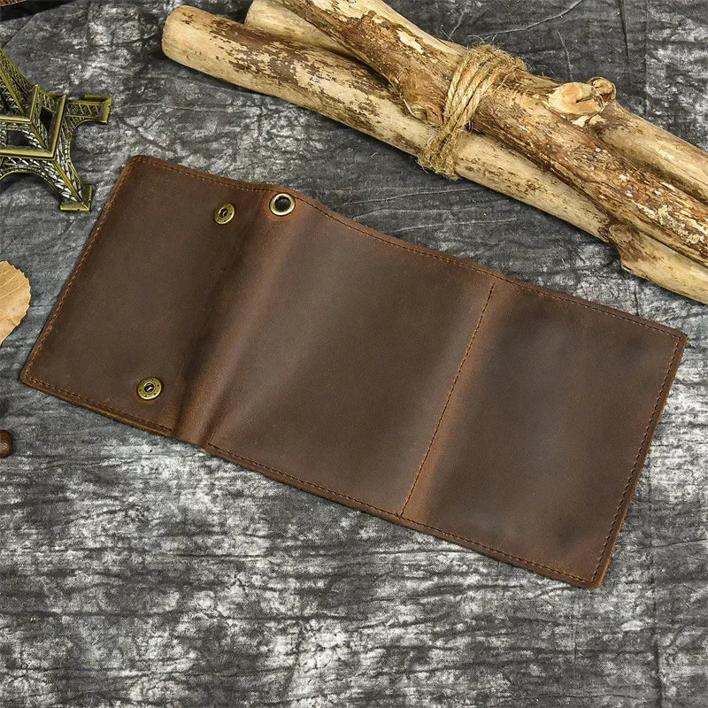 Men's Genuine Leather Short Wallet with Chain – Zipper Clutch, Trifold Purse, Card Holder & Coin Purse for Men