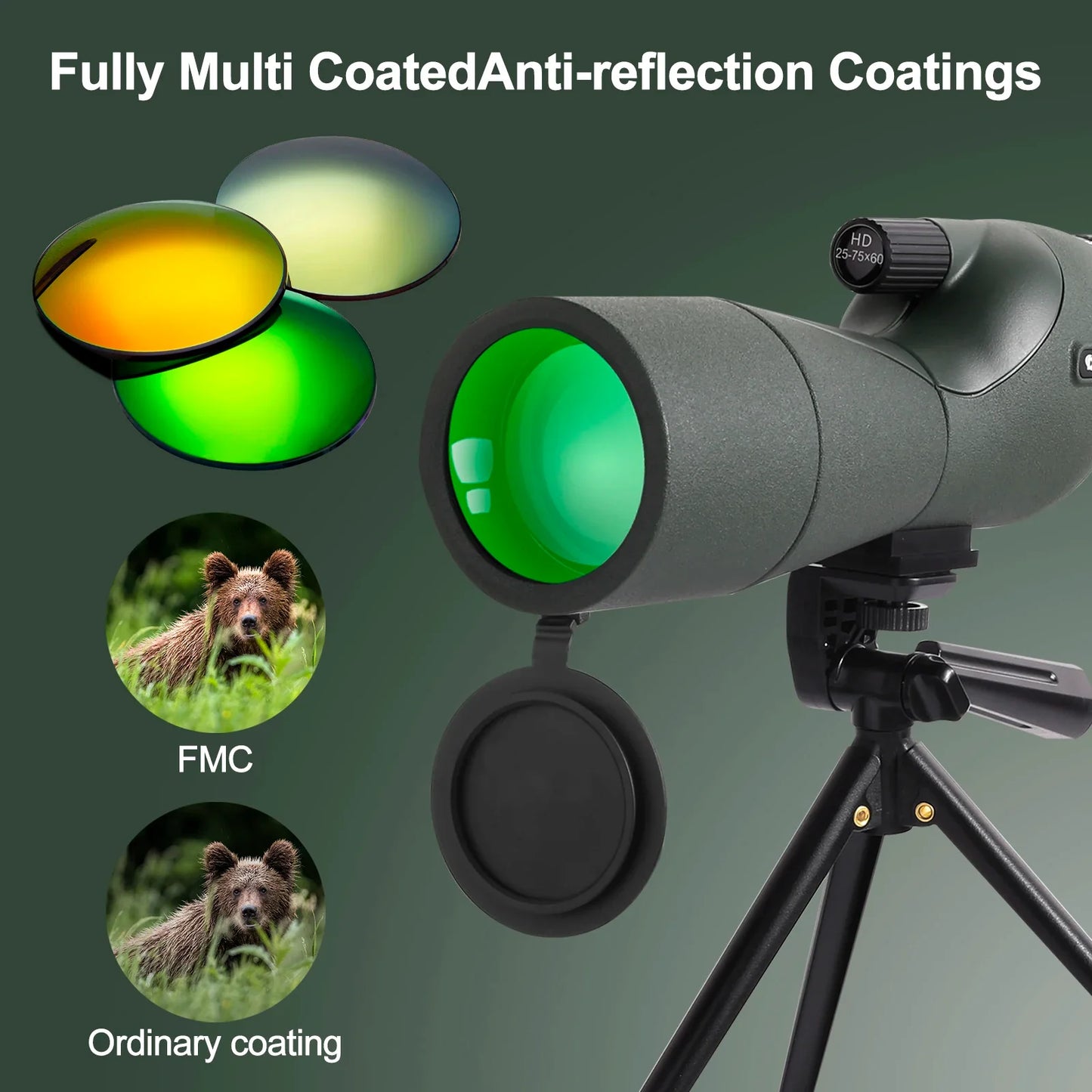 Powerful 25-75x60 Telescope Spotting Scope - Zoom Monocular FMC BAK4 Waterproof for Bird Watching, Target Shooting with Tripod