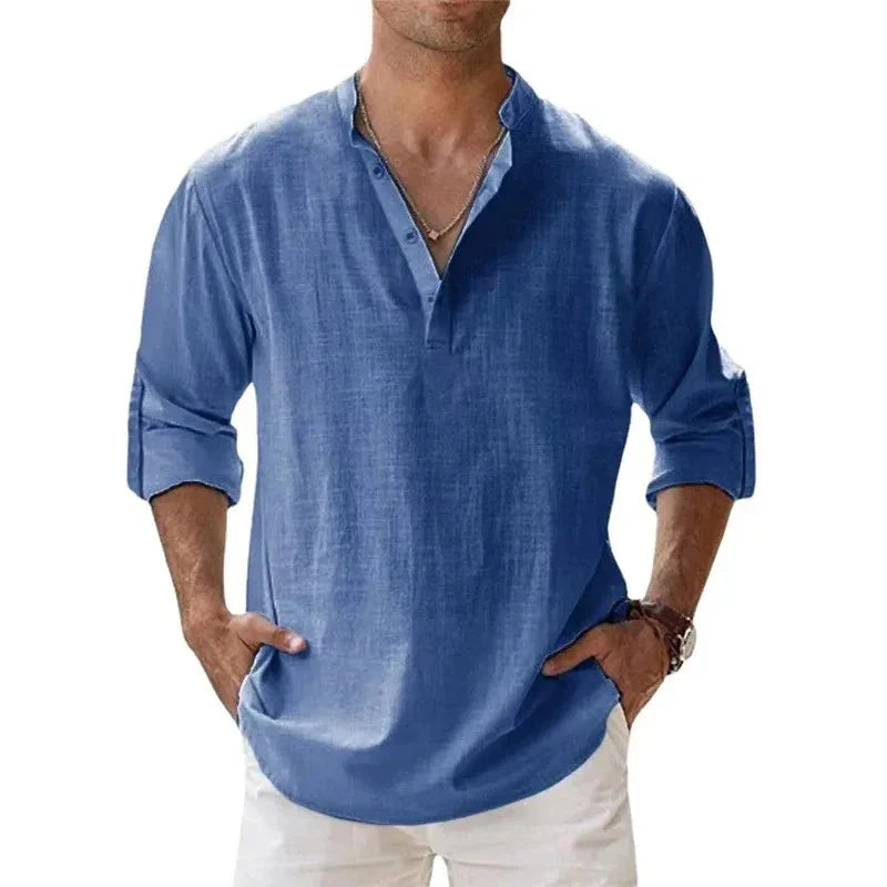 Men’s Lightweight Long Sleeve Henley Shirt — Cotton Linen Streetwear, Beach & Hawaiian Style