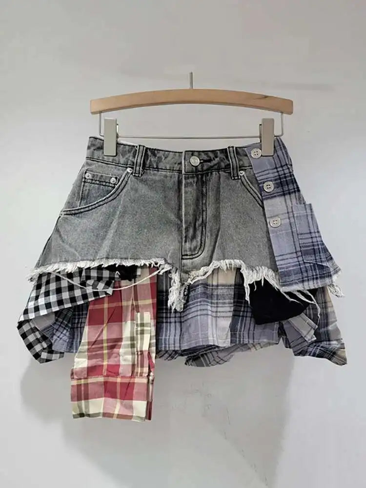 DEAT Women’s Denim Mini Skirt — Colored Plaid Patchwork Irregular A-Line, High Waist Summer 2025 Fashion Skirt