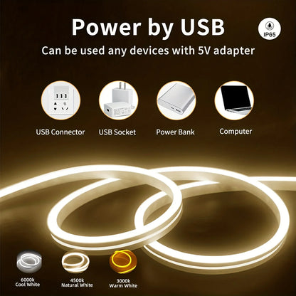 USB DC 5V LED Neon Strip Light – Dimmable Flexible Silicone Waterproof Tape with Touch Sensor for Indoor & Outdoor Room Decor