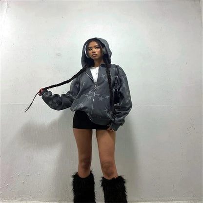 Y2K Star Print Hoodie Set - Harajuku Loose Streetwear Sweatshirt & Sweatpants