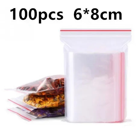 100pcs 50 Micron Clear PE Zip Lock Bags – Reclosable Plastic Pouches for Candy, Cookies & Dried Fruits