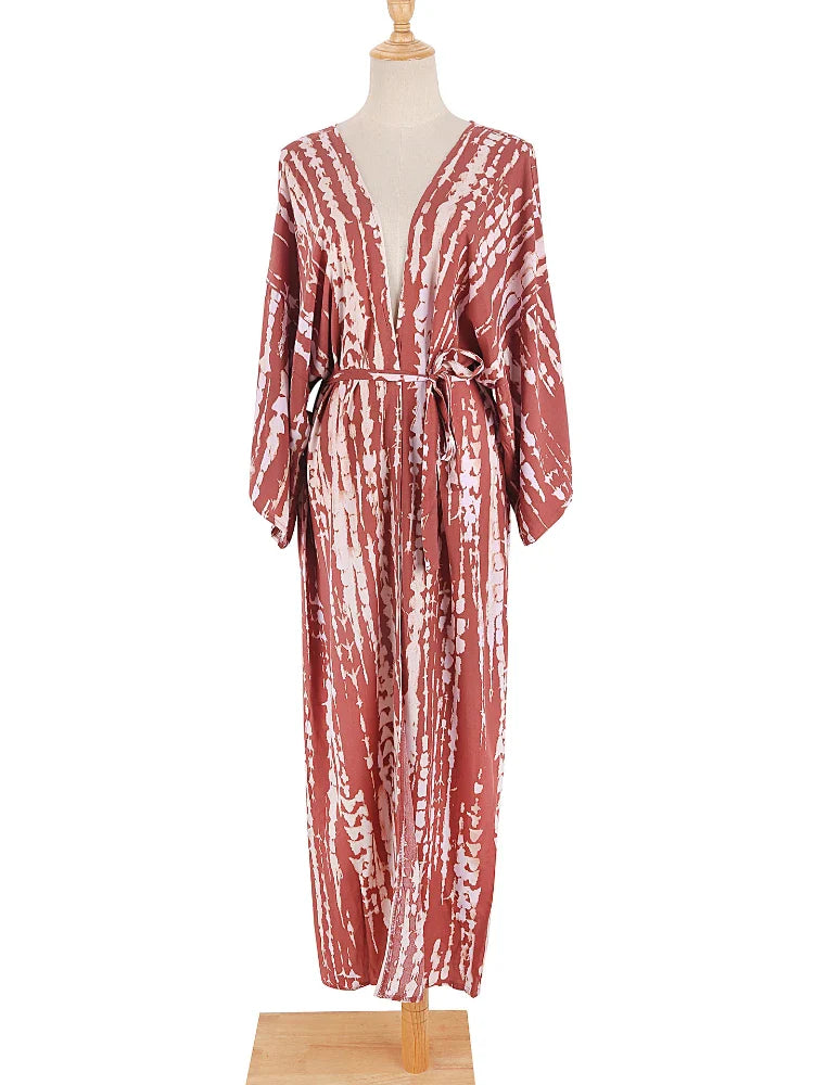 Tie-Dye Bikini Cover Up Kimono – Bohemian Beach Swimsuit Cape Pareo Dress with Belted Wrap Style Summer Swimwear Cover-Up