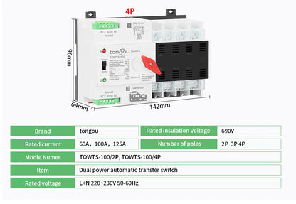 TONGOU Din Rail ATS Dual Power Automatic Transfer Switch – 2P 3P 4P Electrical Selector, Uninterrupted Power, 63A-100A Mini