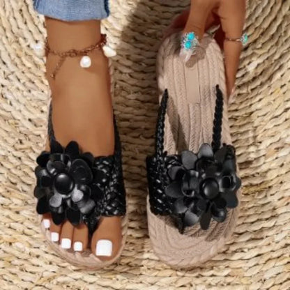 Women's Braided Floral Flip Flops - Flat Open-Toe Vacation Sandals