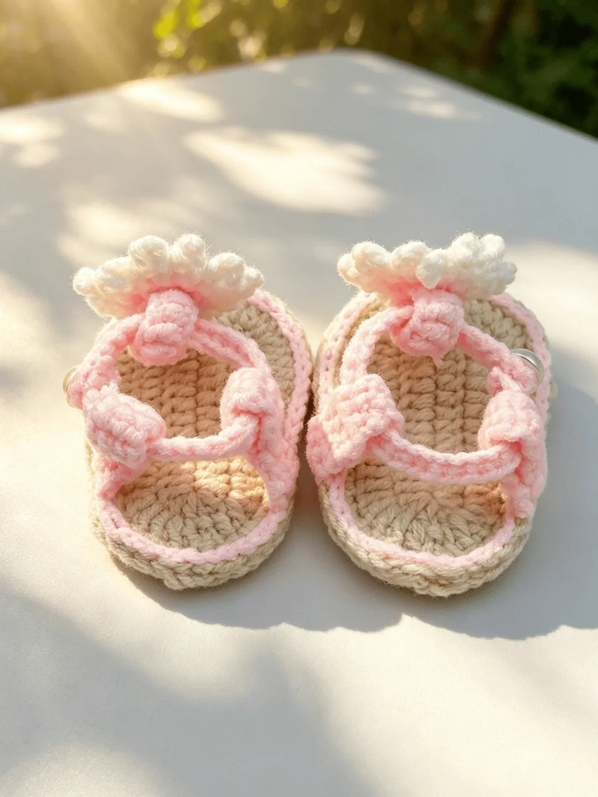 Handmade Crochet Baby Girl Sandals - Pink & Beige Flower Pearl Newborn Booties