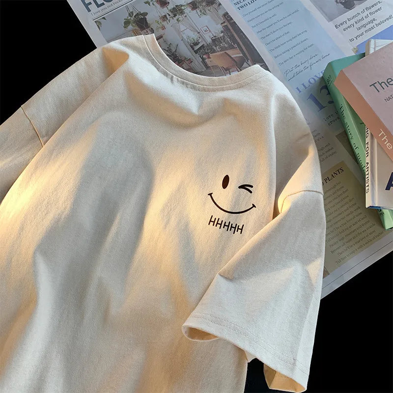 Men's & Women's Smiling Face T-Shirt — Funny Fashion Oversized Short-Sleeve Couple Top, American Basic Loose Pullover