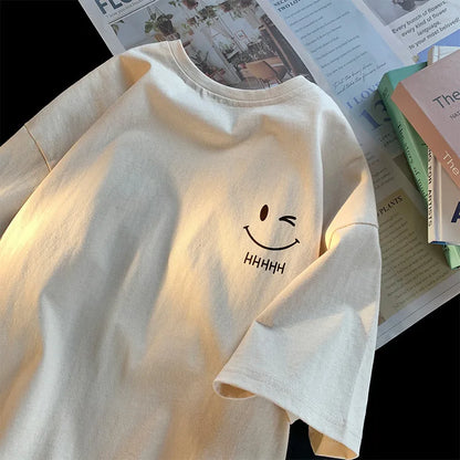 Men's & Women's Smiling Face T-Shirt — Funny Fashion Oversized Short-Sleeve Couple Top, American Basic Loose Pullover