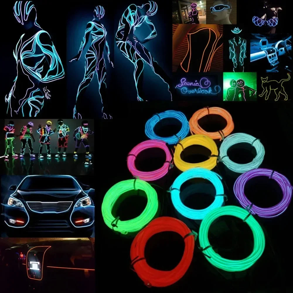 Glow EL Wire Cable - LED Neon Light for Christmas, Dance Party, DIY Costumes, Luminous Car Decoration, Rave Clothing - Available in 1m/3m/5m Lengths