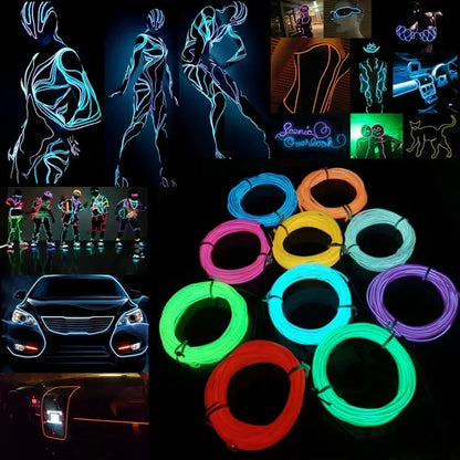 Glow EL Wire Cable - LED Neon Light for Christmas, Dance Party, DIY Costumes, Luminous Car Decoration, Rave Clothing - Available in 1m/3m/5m Lengths