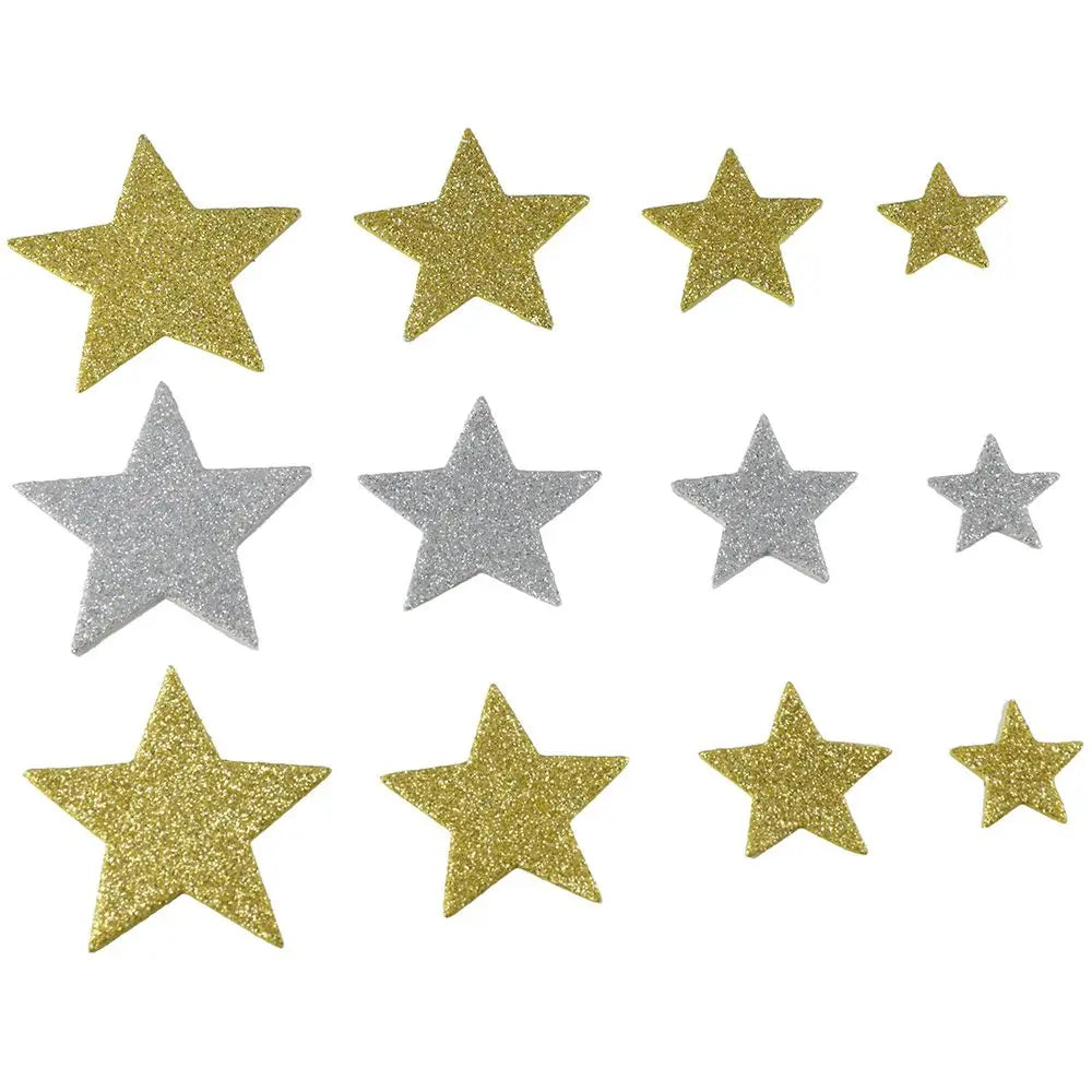 200Pcs Glitter Star Foam Stickers Set – Self-Adhesive 4 Sizes (2.5–5.5cm) Silver & Gold Sparkle Stars for DIY Crafts & Decoration