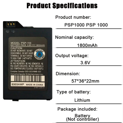 1800mAh Replacement Battery for Sony PSP 1000 – 3.6V Li-ion Rechargeable Battery for PlayStation Portable
