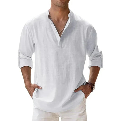 Men’s Lightweight Long Sleeve Henley Shirt — Cotton Linen Streetwear, Beach & Hawaiian Style