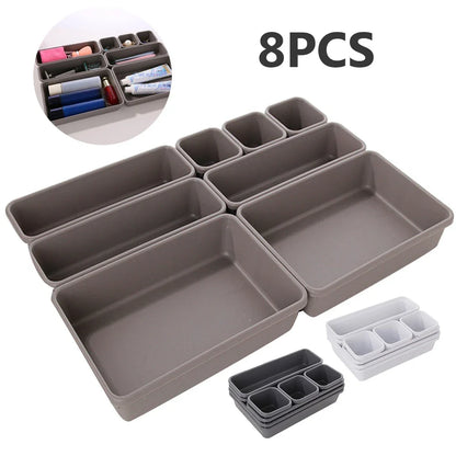 8Pcs Adjustable Drawer Organizer Set – Multi-Purpose Storage Trays for Makeup, Cosmetics, Jewelry, Kitchen & Bathroom Dividers