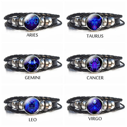 Men’s Zodiac Sign Leather Bracelet | 12 Constellation Black Braided Wrap | Punk Style Multilayer Bracelet for Birthday Gifts