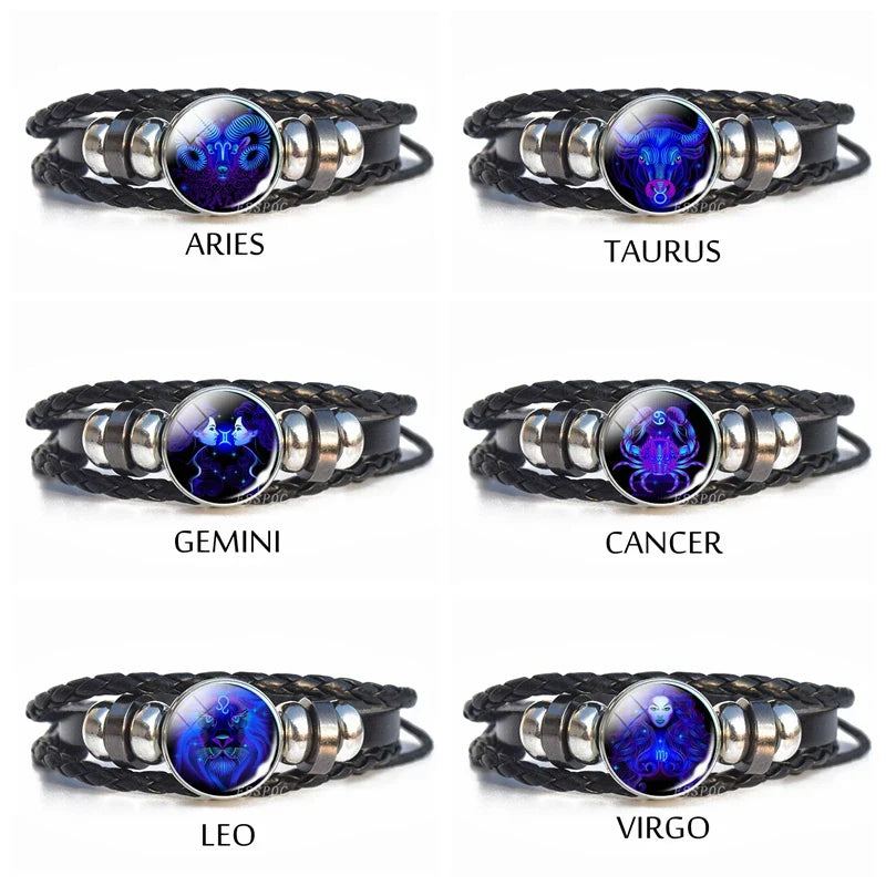 New Men's 12 Constellation Black Braided Leather Bracelet – Punk Style Zodiac Sign Multilayer Wrap Bracelet for Birthday Gifts