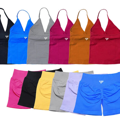 Women’s 2-Piece Yoga Set – Seamless Gym Outfit with Shorts & Lace-Up Sports Bra, High Quality Fitness Activewear Set