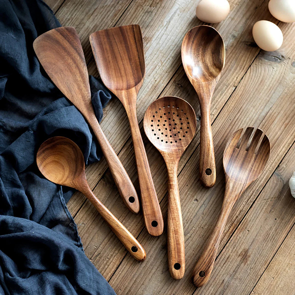 Wood Kitchenware Cooking Set – Spatula, Salad Spoon, Fork & Stirring Spoons with Storage Bucket for Kitchen & Baking