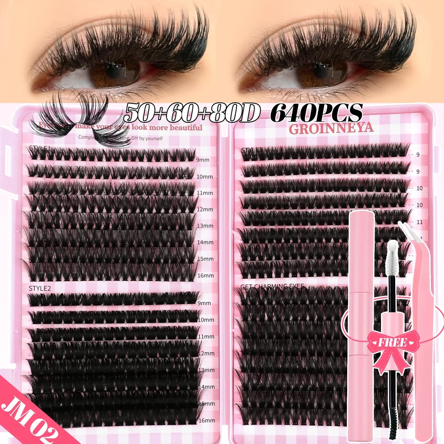 GROINNEYA DIY Mixed Lash Clusters Set – Fluffy Individual Lash Extensions Kit with Bond & Seal for At-Home Makeup