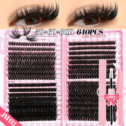 GROINNEYA DIY Mixed Lash Clusters Set – Fluffy Individual Lash Extensions Kit with Bond & Seal for At-Home Makeup
