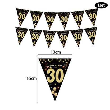 30th, 40th, 50th, 60th Birthday Paper Banner - Happy Birthday Garland for Adult Party Decorations, Black Flags for Anniversaire